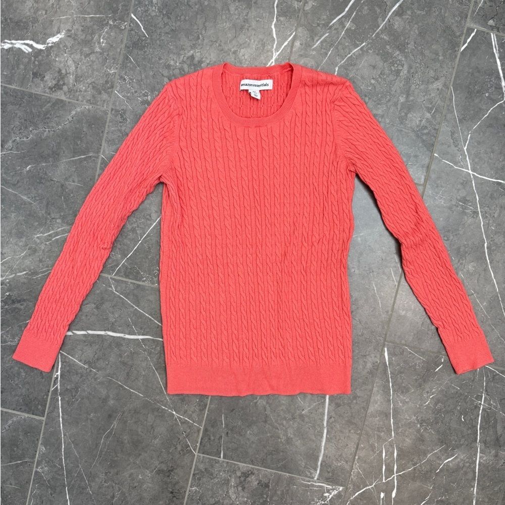Amazon Essentials Salmon Coral Cable Knit Crew Neck Sweater Women’s Size S - Picture 2 of 5